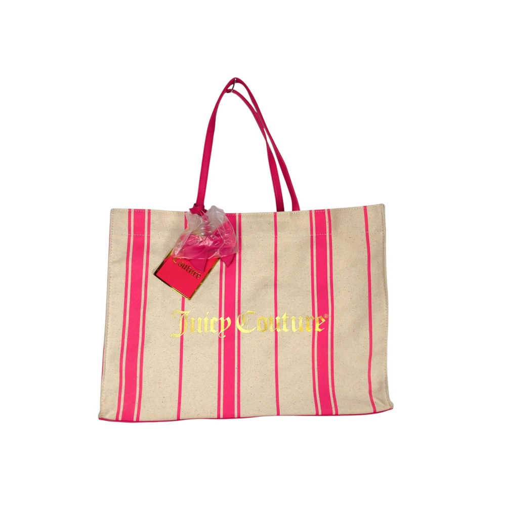 Juicy Couture Tote Bag Large Pink Striped Canvas Gold Logo Y2K Barbiecore NEW